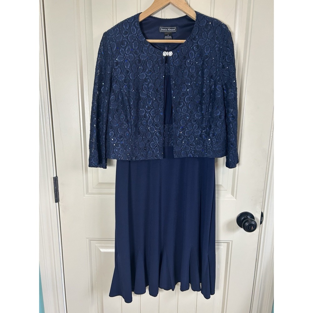 Jessica Howard Women's Dress Jacket Navy Size 14 Sequenced Laced Wedding Formal